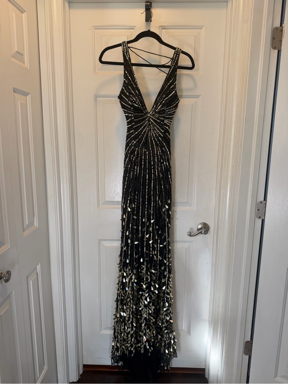 Primavera Couture Black and Gold Sequin Prom Gown